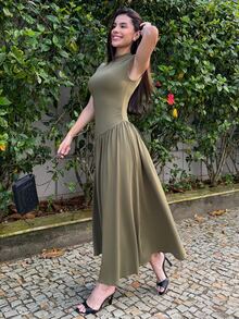 Yohana Edit Women's Elegant Solid Color Waist Cinched Long Dress, Suitable For Commuting ,Petite Women - Army Green - View 6