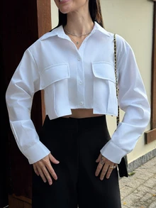 Yohana Edit Summer Outfits Flap Pocket White Button Front Crop Shirt - White - View 3