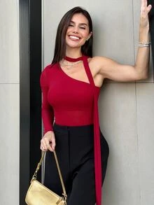 Yohana Edit Women's Fashionable Elegant Solid Color Slim Fit One-Shoulder Top With Ribbon - Burgundy - View 1