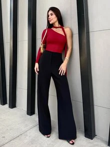 Yohana Edit Women's Fashionable Elegant Solid Color Slim Fit One-Shoulder Top With Ribbon - Burgundy - View 6
