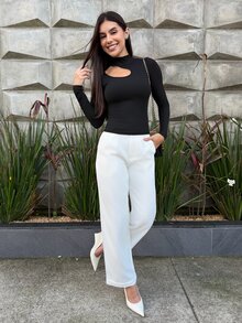 Yohana Edit 镂空不对称领口 T 恤外出上衣，秋季服装长袖女式上衣高领衫 - 黑色 - 查看 5
