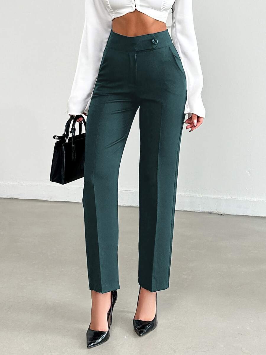 SHEIN Cottnline Petite Women's Solid Color Button Front Pocket Casual Business Elegant Long Pants Work Office Dark Green Spring