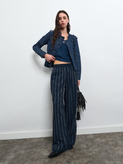 Nöista Black Wide Leg Pants With Elastic Waist And Rhinstones In Vertical. Fall, Winter, Autumn, Formal Event, Day To Night, Party, Halloween, Christmas.
