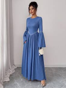 Elenzga Women's Elegant Beaded Decor Cinched Waist Flare Sleeve Denim Dress - Blue - View 7