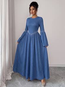 Elenzga Women's Elegant Beaded Decor Cinched Waist Flare Sleeve Denim Dress - Blue - View 2