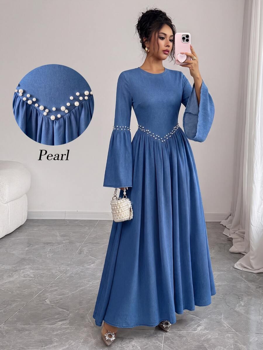 Elenzga Women's Elegant Beaded Decor Cinched Waist Flare Sleeve Denim Dress - Blue - View 1