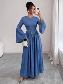 Elenzga Women's Elegant Beaded Decor Cinched Waist Flare Sleeve Denim Dress - Blue - View 6