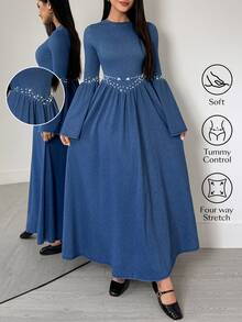 Elenzga Women's Elegant Beaded Decor Cinched Waist Flare Sleeve Denim Dress - Blue - View 3