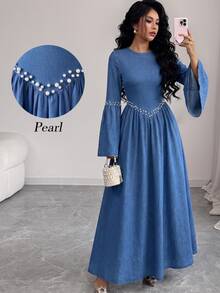 Elenzga Women's Elegant Beaded Decor Cinched Waist Flare Sleeve Denim Dress - Blue - View 5