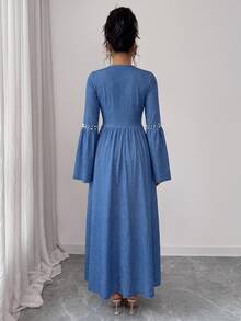 Elenzga Women's Elegant Beaded Decor Cinched Waist Flare Sleeve Denim Dress - Blue - View 4