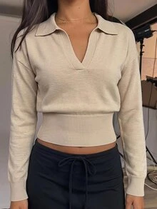 Siren Gaze Beige Ribbed Knit Wrap Button Up Top, Elegant Minimalist Long Sleeve Sweater For Women,Solid Color Overlap V-Neck Dropped Shoulder Long Sleeve Button - Apricot - View 4