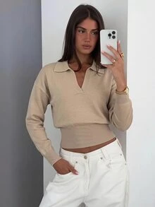 Siren Gaze Beige Ribbed Knit Wrap Button Up Top, Elegant Minimalist Long Sleeve Sweater For Women,Solid Color Overlap V-Neck Dropped Shoulder Long Sleeve Button - Apricot - View 10