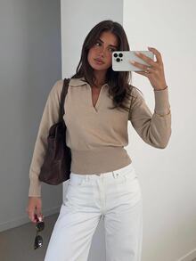 Siren Gaze Beige Ribbed Knit Wrap Button Up Top, Elegant Minimalist Long Sleeve Sweater For Women,Solid Color Overlap V-Neck Dropped Shoulder Long Sleeve Button - Apricot - View 8