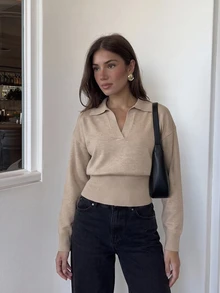 Siren Gaze Beige Ribbed Knit Wrap Button Up Top, Elegant Minimalist Long Sleeve Sweater For Women,Solid Color Overlap V-Neck Dropped Shoulder Long Sleeve Button - Apricot - View 5
