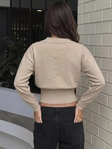 Siren Gaze Beige Ribbed Knit Wrap Button Up Top, Elegant Minimalist Long Sleeve Sweater For Women,Solid Color Overlap V-Neck Dropped Shoulder Long Sleeve Button - Apricot - View 6