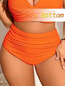 Swim Chiccia Bikini inferior para mujer talla grande de tela acanalada unicolor con fruncido y control de abdomen, adecuado para uso diario y de vacaciones en la playa de verano - Naranja - Ver 3