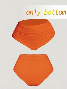 Swim Chiccia Bikini inferior para mujer talla grande de tela acanalada unicolor con fruncido y control de abdomen, adecuado para uso diario y de vacaciones en la playa de verano - Naranja - Ver 5