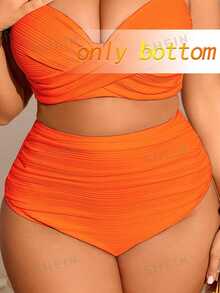 Swim Chiccia Bikini inferior para mujer talla grande de tela acanalada unicolor con fruncido y control de abdomen, adecuado para uso diario y de vacaciones en la playa de verano - Naranja - Ver 4