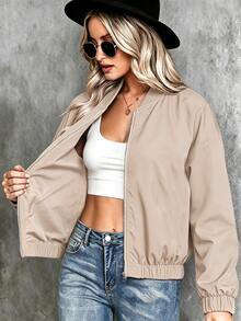 Breezaya Plus Size Women Casual Minimalist Solid Color Lightweight Short Baseball Jacket, Suitable For Spring And Autumn, Daily Outdoor Wear Fall - Brown - View 5