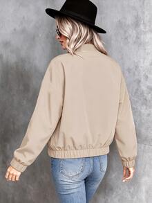 Breezaya Plus Size Women Casual Minimalist Solid Color Lightweight Short Baseball Jacket, Suitable For Spring And Autumn, Daily Outdoor Wear Fall - Brown - View 2