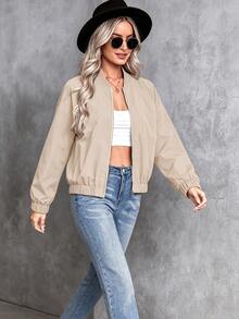Breezaya Plus Size Women Casual Minimalist Solid Color Lightweight Short Baseball Jacket, Suitable For Spring And Autumn, Daily Outdoor Wear Fall - Brown - View 3