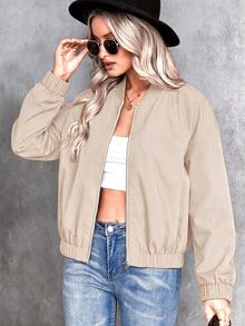 Breezaya Plus Size Women Casual Minimalist Solid Color Lightweight Short Baseball Jacket, Suitable For Spring And Autumn, Daily Outdoor Wear Fall - Brown - View 1