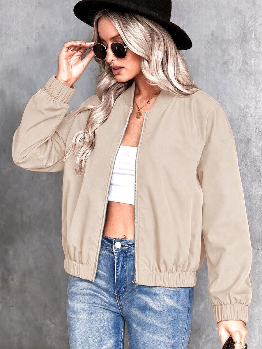 Breezaya Plus Size Women Casual Minimalist Solid Color Lightweight Short Baseball Jacket, Suitable For Spring And Autumn, Daily Outdoor Wear Fall - Brown - View 1