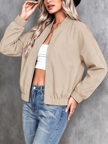 Breezaya Plus Size Women Casual Minimalist Solid Color Lightweight Short Baseball Jacket, Suitable For Spring And Autumn, Daily Outdoor Wear Fall - Brown - View 4