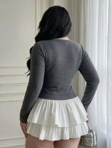 Vibekara Plus Size Autumn/Winter Long Sleeve 2 In 1 Lace Patchwork Minimalist Sexy T-Shirt Fall - Grey - View 2