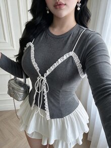 Vibekara Plus Size Autumn/Winter Long Sleeve 2 In 1 Lace Patchwork Minimalist Sexy T-Shirt Fall - Grey - View 7