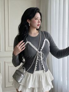 Vibekara Plus Size Autumn/Winter Long Sleeve 2 In 1 Lace Patchwork Minimalist Sexy T-Shirt Fall - Grey - View 4
