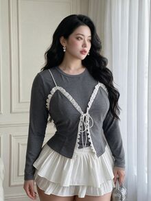 Vibekara Plus Size Autumn/Winter Long Sleeve 2 In 1 Lace Patchwork Minimalist Sexy T-Shirt Fall - Grey - View 3