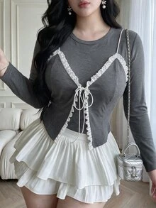 Vibekara Plus Size Autumn/Winter Long Sleeve 2 In 1 Lace Patchwork Minimalist Sexy T-Shirt Fall - Grey - View 9