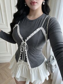 Vibekara Plus Size Autumn/Winter Long Sleeve 2 In 1 Lace Patchwork Minimalist Sexy T-Shirt Fall - Grey - View 6