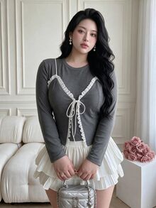 Vibekara Plus Size Autumn/Winter Long Sleeve 2 In 1 Lace Patchwork Minimalist Sexy T-Shirt Fall - Grey - View 5