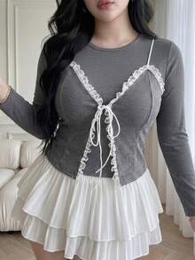 Vibekara Plus Size Autumn/Winter Long Sleeve 2 In 1 Lace Patchwork Minimalist Sexy T-Shirt Fall - Grey - View 1