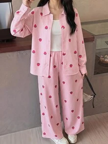 SHEIN 少女女孩草莓條紋印花寬鬆長袖上衣與寬腿褲 2 件套，返校休閒襯衫套裝 - 粉色 - 查看 2