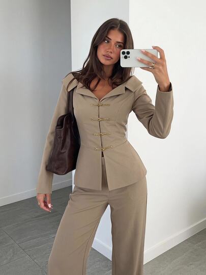 Siren Gaze Women's Casual Elegant Plaid Asymmetric Hem Jacket And Wide Leg Pants 2pcs Set, Suitable For Commuting Dinner Office, Fashion Business Wear Burgundy
