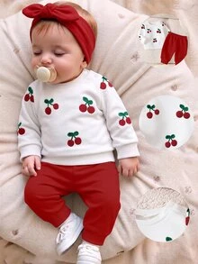 新生兒 2 件套服裝組，白色水果櫻桃圖案衛衣搭配紅色運動長褲，時尚休閒日常穿著，適合秋冬及四季 - 彩色 - 查看 1