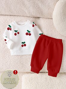 新生兒 2 件套服裝組，白色水果櫻桃圖案衛衣搭配紅色運動長褲，時尚休閒日常穿著，適合秋冬及四季 - 彩色 - 查看 3