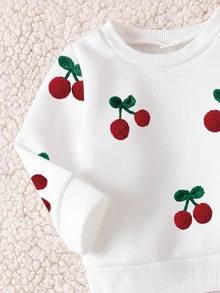 新生兒 2 件套服裝組，白色水果櫻桃圖案衛衣搭配紅色運動長褲，時尚休閒日常穿著，適合秋冬及四季 - 彩色 - 查看 4