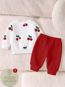 新生兒 2 件套服裝組，白色水果櫻桃圖案衛衣搭配紅色運動長褲，時尚休閒日常穿著，適合秋冬及四季 - 彩色 - 查看 2