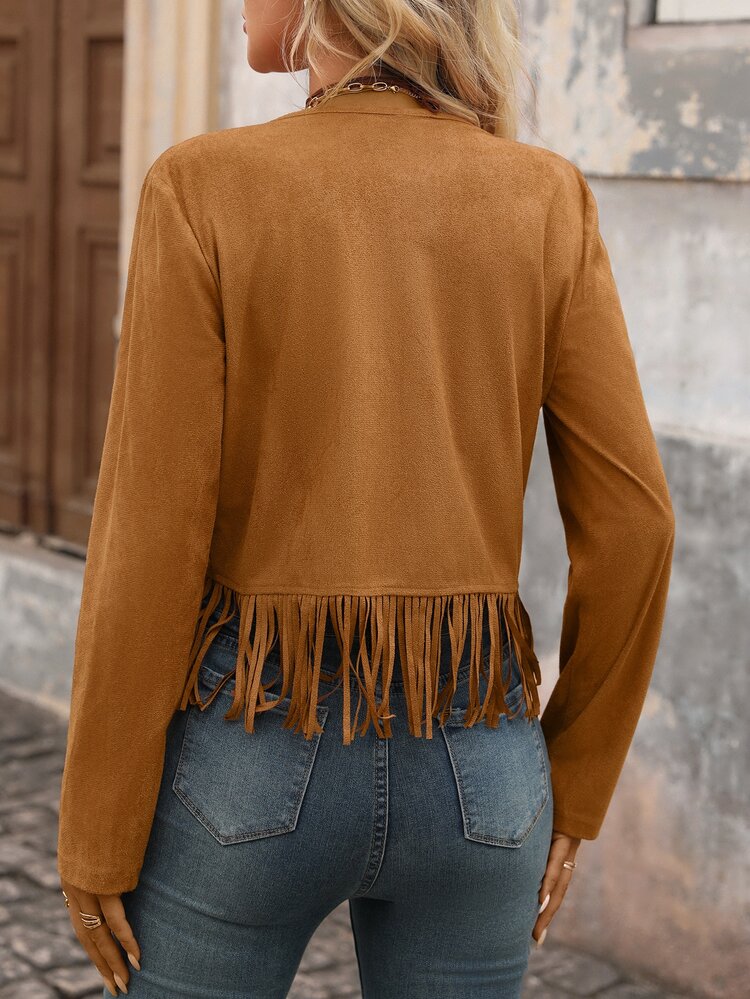 Brillora Women's Casual Country Western Boho Graphic Vintage Tassel Decor Jacket Rave Concert Brown Autumn Day Party White - Brown - View 2