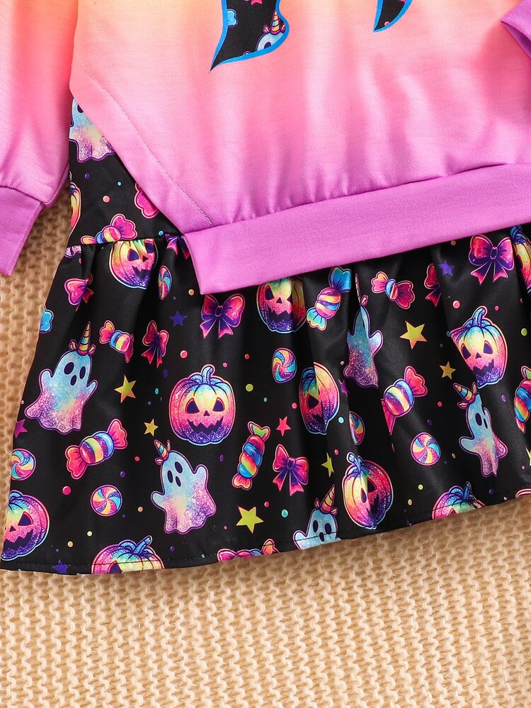 Emery Rose Kids Young Girl Knitted Colorful Gradient Patchwork Halloween Pattern Hem Dress - Black - View 8