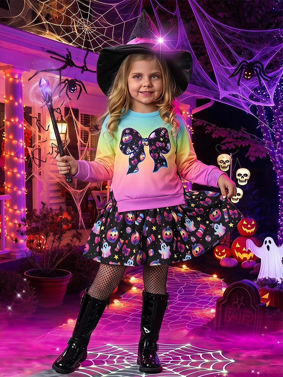 Emery Rose Kids Young Girl Knitted Colorful Gradient Patchwork Halloween Pattern Hem Dress - Black - View 1