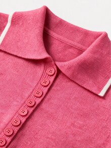 Selianne Đầm len dệt kim mini ôm sát nữ cổ polo tay dài phối viền tương phản và bèo nhún ngọt ngào - Màu Hồng Tươi - Xem 7