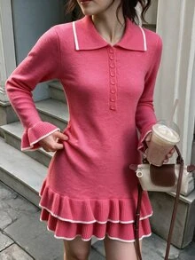 Selianne Đầm len dệt kim mini ôm sát nữ cổ polo tay dài phối viền tương phản và bèo nhún ngọt ngào - Màu Hồng Tươi - Xem 6