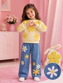 Emery Rose Kids 女童休閒純色針織秋季衛衣與寬腿運動褲套裝，冬季 - 黃色 - 查看 2