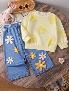 Emery Rose Kids 女童休閒純色針織秋季衛衣與寬腿運動褲套裝，冬季 - 黃色 - 查看 7