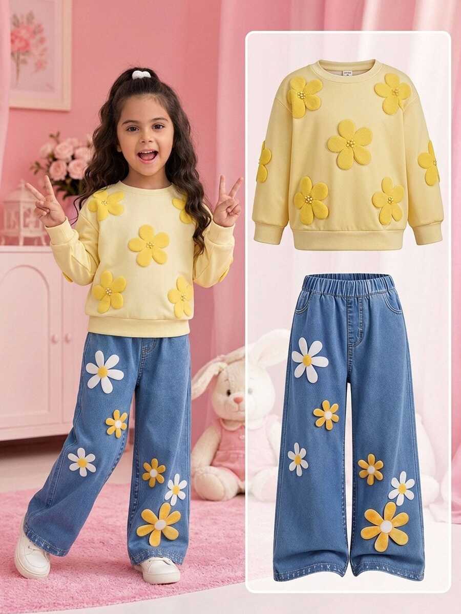 Emery Rose Kids 女童休閒純色針織秋季衛衣與寬腿運動褲套裝,冬季 - 黃色 - 查看 1